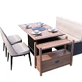 Modern Public Chair With Cushioned Bench And Wooden Dining Table Setup 3d model