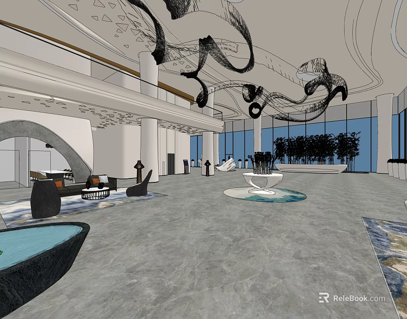 Modern Lobby Front Desk Reception with Stylish Chandelier Comfortable Sofa Water Feature and Large Windows 3d model 