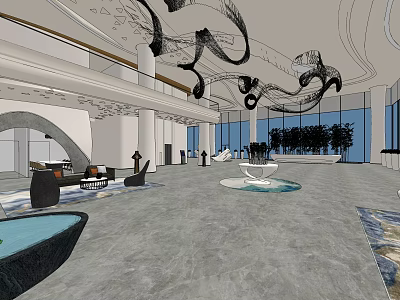 Modern Lobby Front Desk Reception with Stylish Chandelier Comfortable Sofa Water Feature and Large Windows 3d model