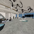 Modern Lobby Front Desk Reception with Stylish Chandelier Comfortable Sofa Water Feature and Large Windows