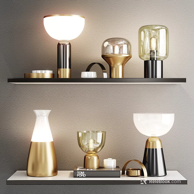 Modern Table Lamps With Gold Black Accents And Glass Shades On Shelf 3d model 