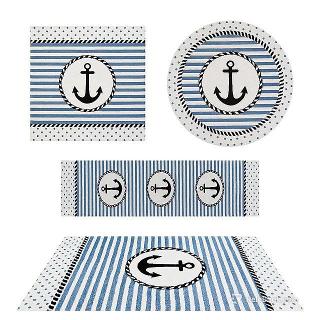 Blue and White Striped Square Rug with Anchor Patterns and Nautical Design 3d model