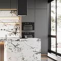 Modern Dark Kitchen Interior With Marble Island And Gold Bar Stools