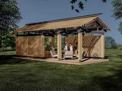 Wooden Outdoor Pergola with Thatch Roof in Grassland Featuring Leisure Area and Surrounding Trees 3d model
