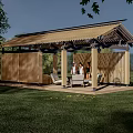 Wooden Outdoor Pergola with Thatch Roof in Grassland Featuring Leisure Area and Surrounding Trees