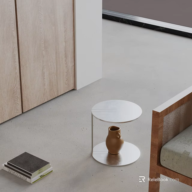 Modern Round Marble Side Table With Ceramic Vase And Wooden Cabinet 3d model 