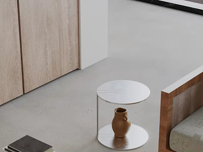 Modern Round Marble Side Table With Ceramic Vase And Wooden Cabinet 3d model