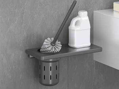 Gray Metal Wall Mounted Bathroom Cabinet Rack with Toilet Brush and Cleaning Bottle Storage 3d model