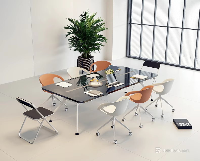 Modern Glass Top Conference Table With Colorful Chairs And Green Plant In Bright Office 3d model 