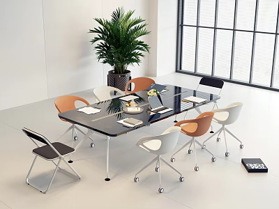 Modern Glass Top Conference Table With Colorful Chairs And Green Plant In Bright Office 3d model