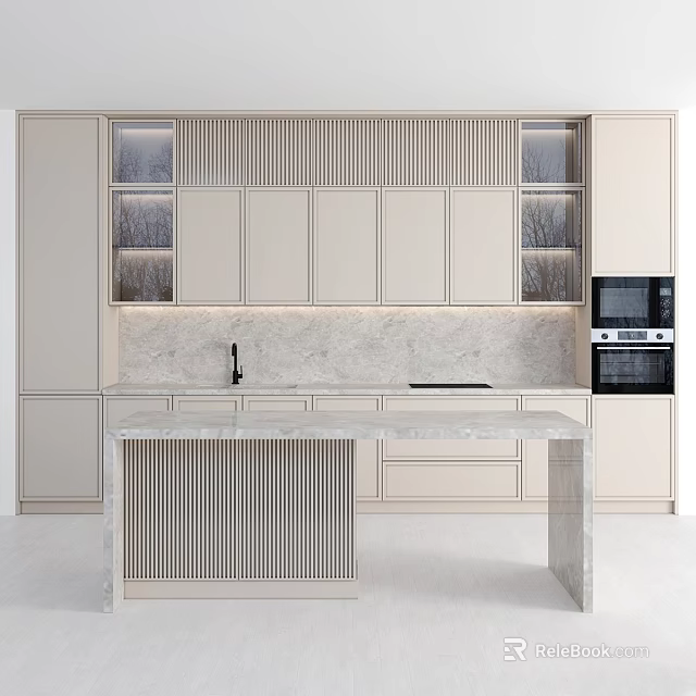 Minimalist Modern Kitchen Interior With Marble Countertop Island And Lighted Cabinets 3d model 