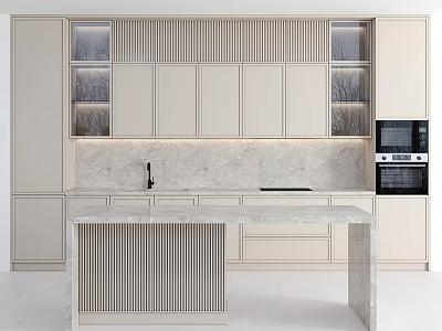 Minimalist Modern Kitchen Interior With Marble Countertop Island And Lighted Cabinets 3d model