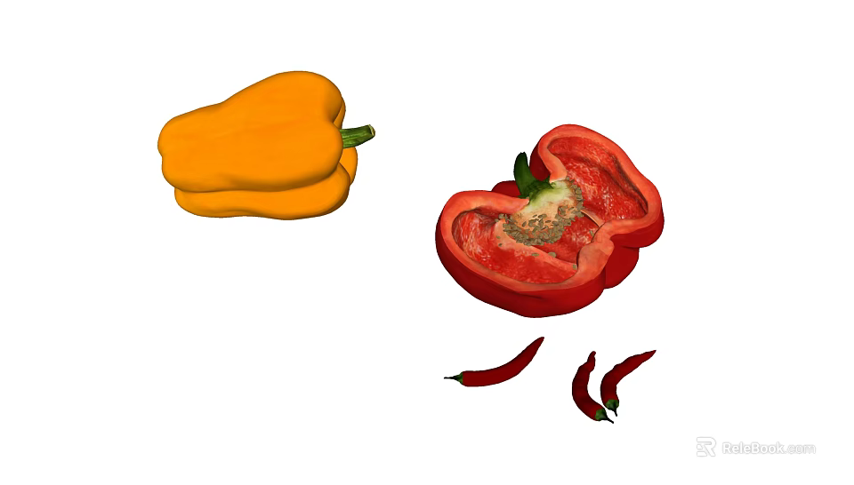 Fresh Colorful Vegetables Featuring Whole Yellow Bell Pepper Cut Red Bell Pepper And Chili Peppers 3d model 