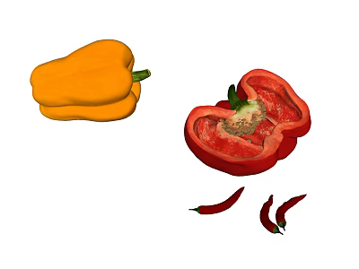 Fresh Colorful Vegetables Featuring Whole Yellow Bell Pepper Cut Red Bell Pepper And Chili Peppers 3d model