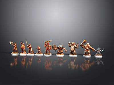 Detailed Character And Creature Miniature Figures With Various Weapons On Black Background And White Bases 3d model