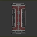 Red Storage Cabinet With Double Doors Black Trim And Decorative Details