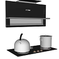 Modern Kitchen Appliances With Black Range Hood And Stove Featuring Silver Kettle And Pot