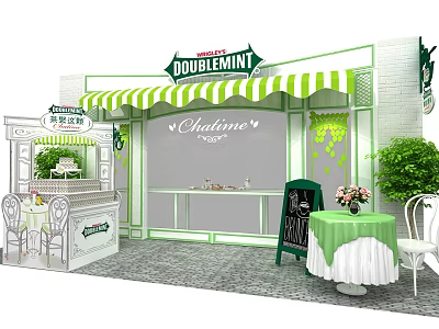 Commercial Equipment for Retail Booth with Green Striped Awning Display Counter Tables and Chairs 3d model