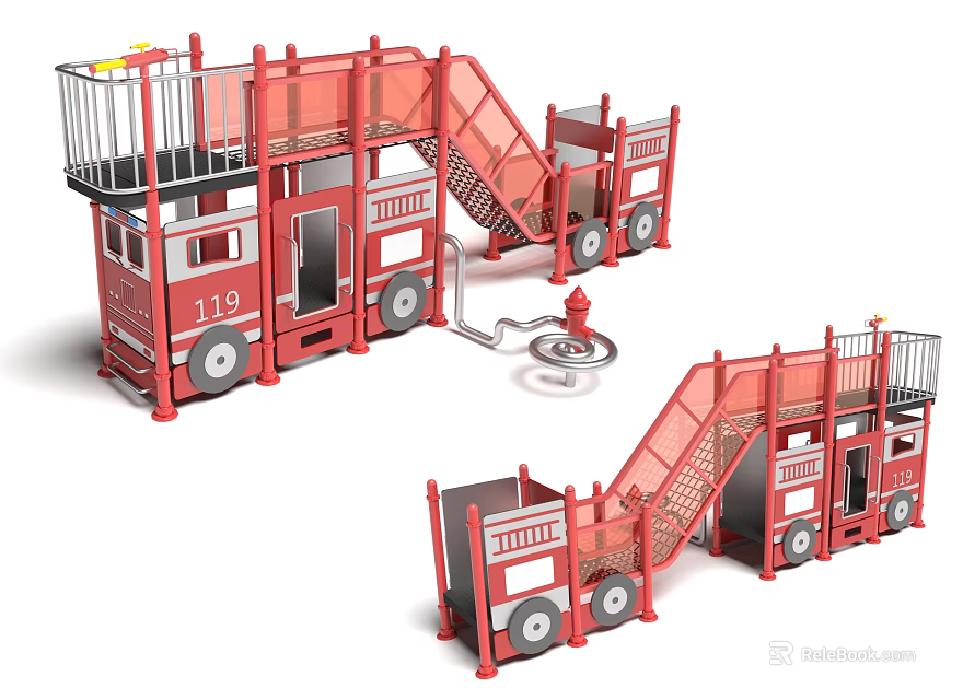 Fire Truck Themed Playground Equipment with Slide Stairs Railing and Platform 3d model 