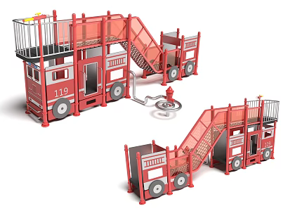 Fire Truck Themed Playground Equipment with Slide Stairs Railing and Platform 3d model