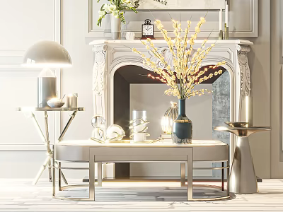 Modern Coffee Table With Metal Frame And Vase Of Decorative Flowers In Living Room 3d model
