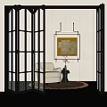 Living Room Interior With Black Metal Glass Folding Doors Beige Armchair And Abstract Painting