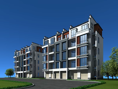 Modern Multi Story Residential Building With Glass Windows Balconies Curved Driveway And Green Lawns 3d model