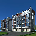 Modern Multi Story Residential Building With Glass Windows Balconies Curved Driveway And Green Lawns