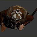 Man In Traditional Brown Armor With Decorative Patterns Holding A Sword