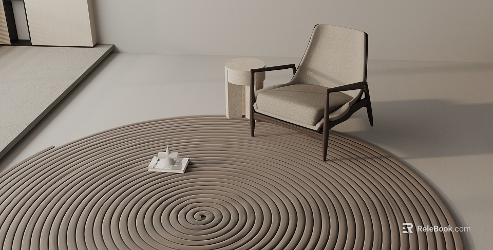 Modern Living Room Round Spiral Pattern Beige Rug With Accent Chair And Side Table 3d model 