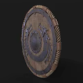 Medieval Wooden Shield With Dragon Carvings Metal Decorations Central Metal Disc And Rope Edge