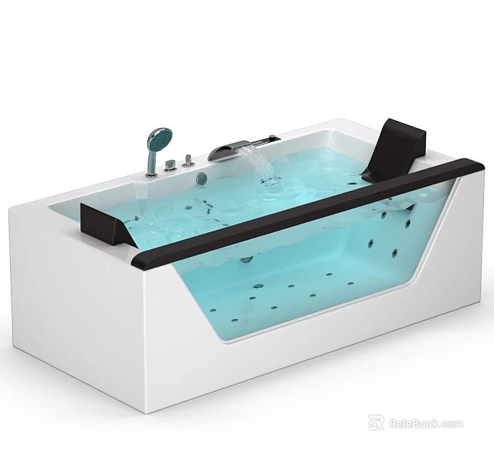 Modern White Freestanding Bathtub With Black Cushions Massage Jets And Flowing Water 3d model 