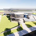 Modern Exhibition Entrance Architectural Design With Glass Metal Structure And Brick Paved Plaza