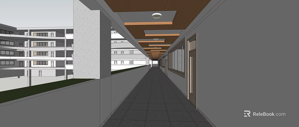 Elevator Corridor Interior With Wooden Ceiling Round Lights And Gray Floor Tiles 3d model 