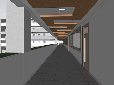 Elevator Corridor Interior With Wooden Ceiling Round Lights And Gray Floor Tiles 3d model