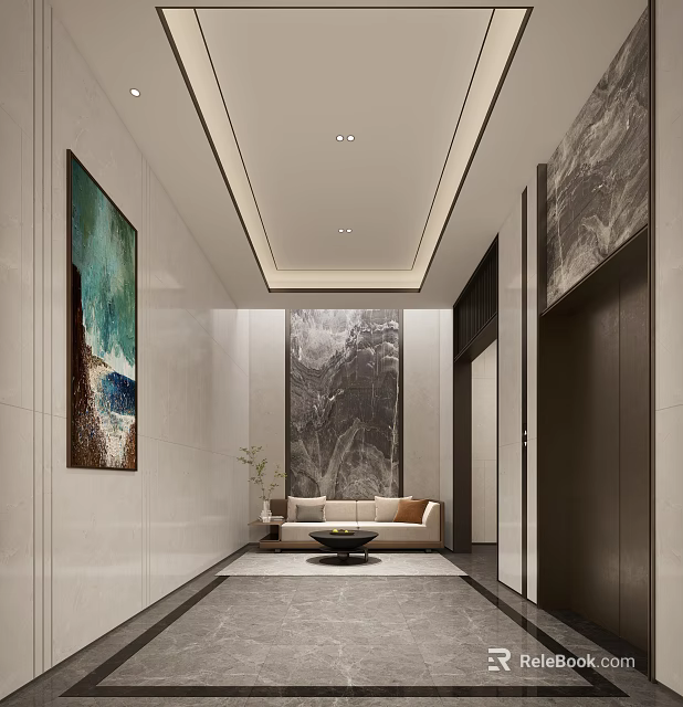 Modern Elevator Lobby Interior Design With Decorative Paintings Beige Sofa And Recessed Lights 3d model
