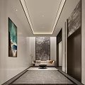 Modern Elevator Lobby Interior Design With Decorative Paintings Beige Sofa And Recessed Lights 3d model