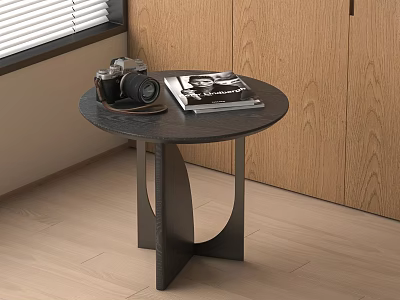 Stylish Modern Round Side Table With Vintage Camera Magazine And Unique Leg Design 3d model