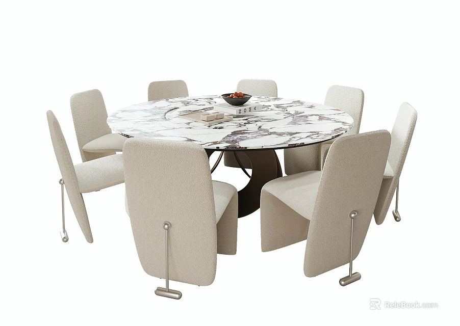 Modern Round Marble Dining Table and Six Light Colored Metal Leg Chairs 3d model
