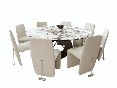 Modern Round Marble Dining Table and Six Light Colored Metal Leg Chairs 3d model