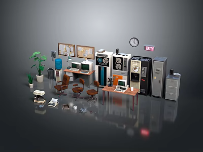 Vintage and Modern Computer Equipment With Desks Chairs Printers Clocks And Office Plants 3d model