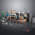 Vintage and Modern Computer Equipment With Desks Chairs Printers Clocks And Office Plants