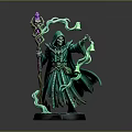 Fantasy Wizard In Green Robe Holding Magical Staff With Purple Crystal And Swirling Smoke