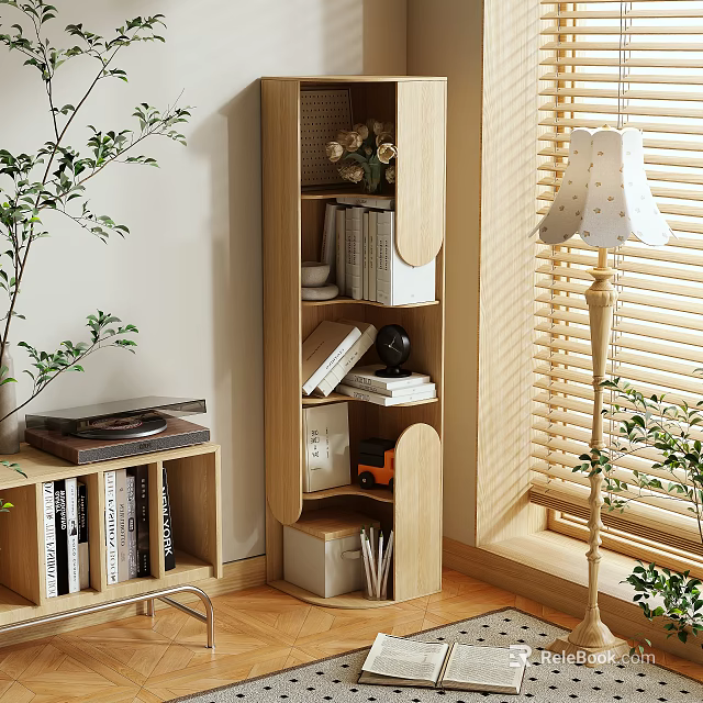 Modern Cozy Indoor Wooden Storage Shelf With Multiple Shelves Books And Decorative Items 3d model 