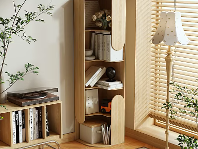 Modern Cozy Indoor Wooden Storage Shelf With Multiple Shelves Books And Decorative Items 3d model