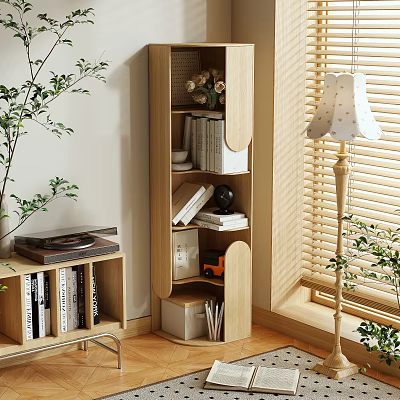 Modern Cozy Indoor Wooden Storage Shelf With Multiple Shelves Books And Decorative Items 3d model