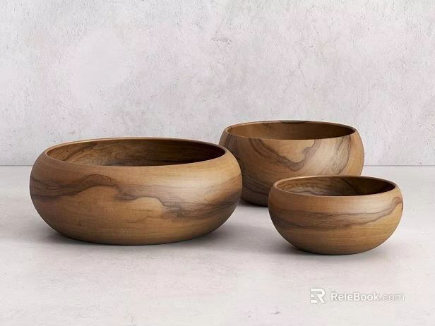 Wooden Tableware Set Three Different Sizes Bowls with Natural Wood Grain 3d model 
