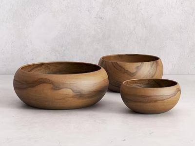 Wooden Tableware Set Three Different Sizes Bowls with Natural Wood Grain 3d model