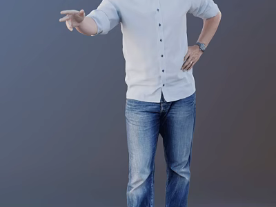 Man In Light Blue Shirt Jeans Standing With Outstretched Hand Hand On Hip Gray Background 3d model