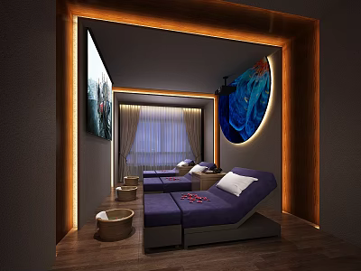 SPA Sauna Interior With Purple Lounge Chairs Wooden Buckets Warm Lighting And Circular Blue Decor 3d model